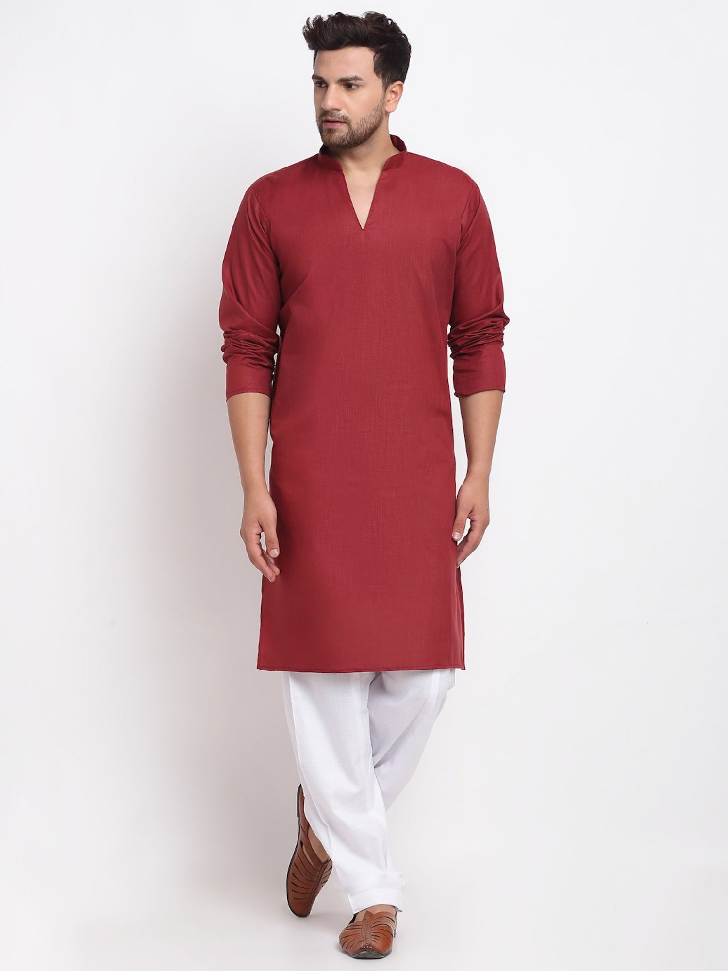 Benstoke Maroon & White Cotton Regular Fit Kurta Set