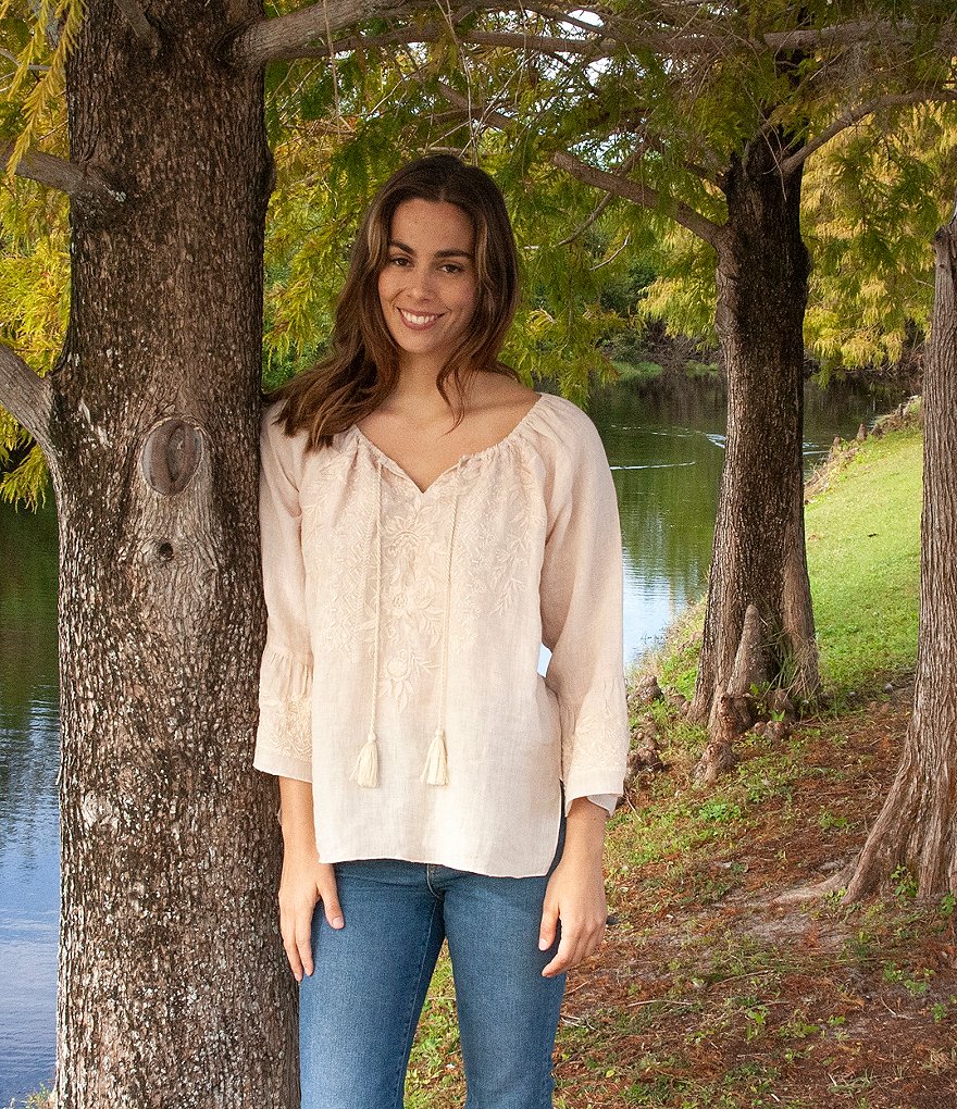 Karyn Seo Sonali Bell Sleeve Keyhole Jewel Neck Embroidered Top