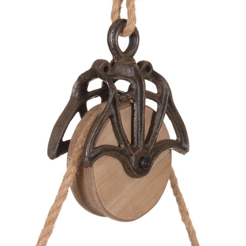 24" Round Metal Wall Mirror with Hanging Rope and Antique Pully Wood/Matte Black - Patton Wall Decor