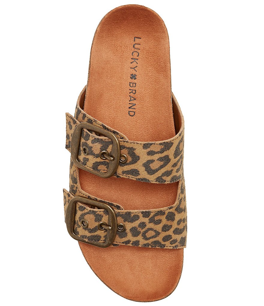 Lucky Brand Mella Leopard Print Leather Double Strap Footbed Slides