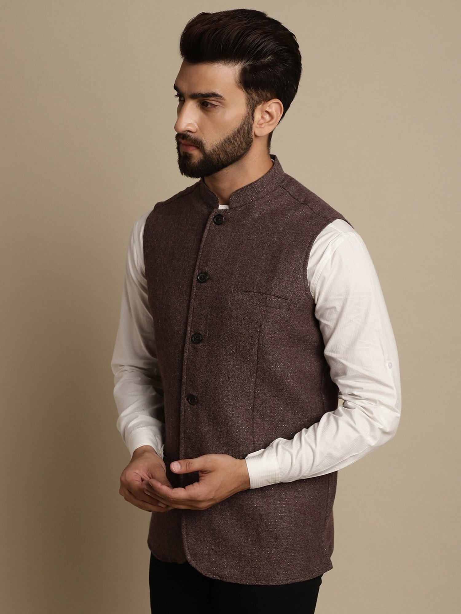 Even Brown Regular Fit Mandarin Collar Nehru Jacket