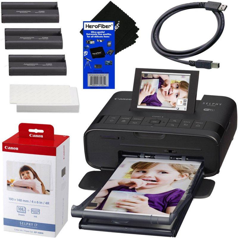 Canon SELPHY CP1300 Wireless Compact Photo Printer (Black) + Canon KP-108IN Color Ink Paper Set (Produces up to 108 of 4 x 6 Prints) + USB Printer Cable + HeroFiber Ultra Gentle Cleaning Cloth