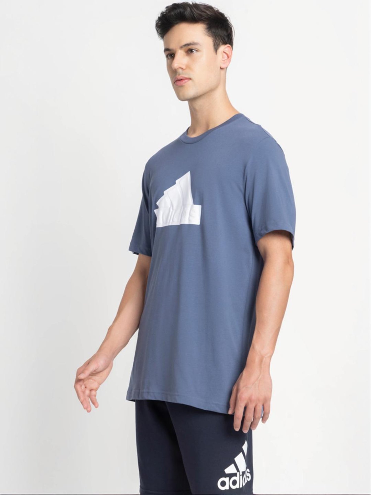 Adidas Blue Cotton Regular Fit Logo Printed Sports T-Shirt