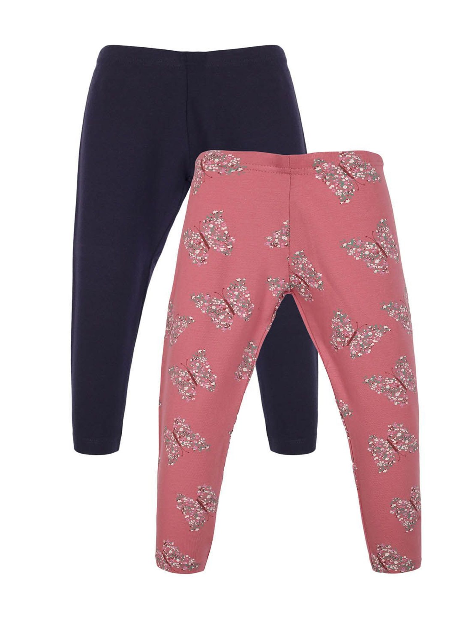 Plum Tree Girls Navy & Pink Floral Print Leggings (Pack Of 2)