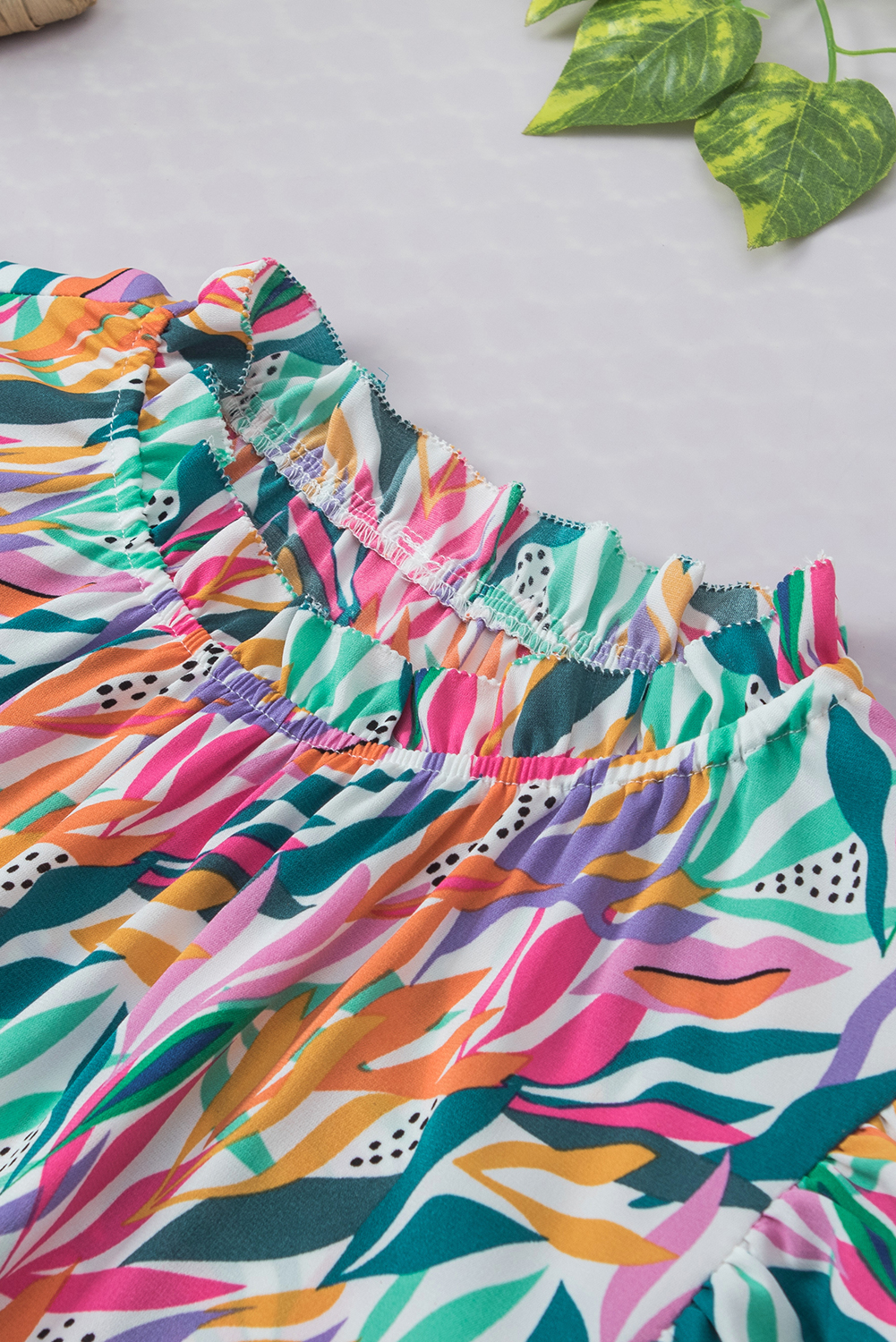 Rose Red Abstract Print Ruffled Flutter Shoulder Blouse