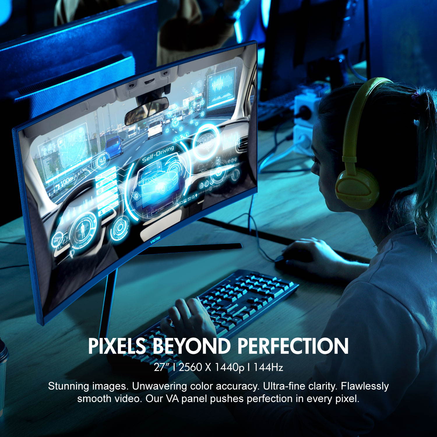 VIOTEK GNV27DB 27" Curved QHD Gaming Monitor 144Hz 2560 x 1440 p (2K) 4.8ms (OD) 1500R Curvature, FreeSync DP, 3 x HDMI, 3.5mm