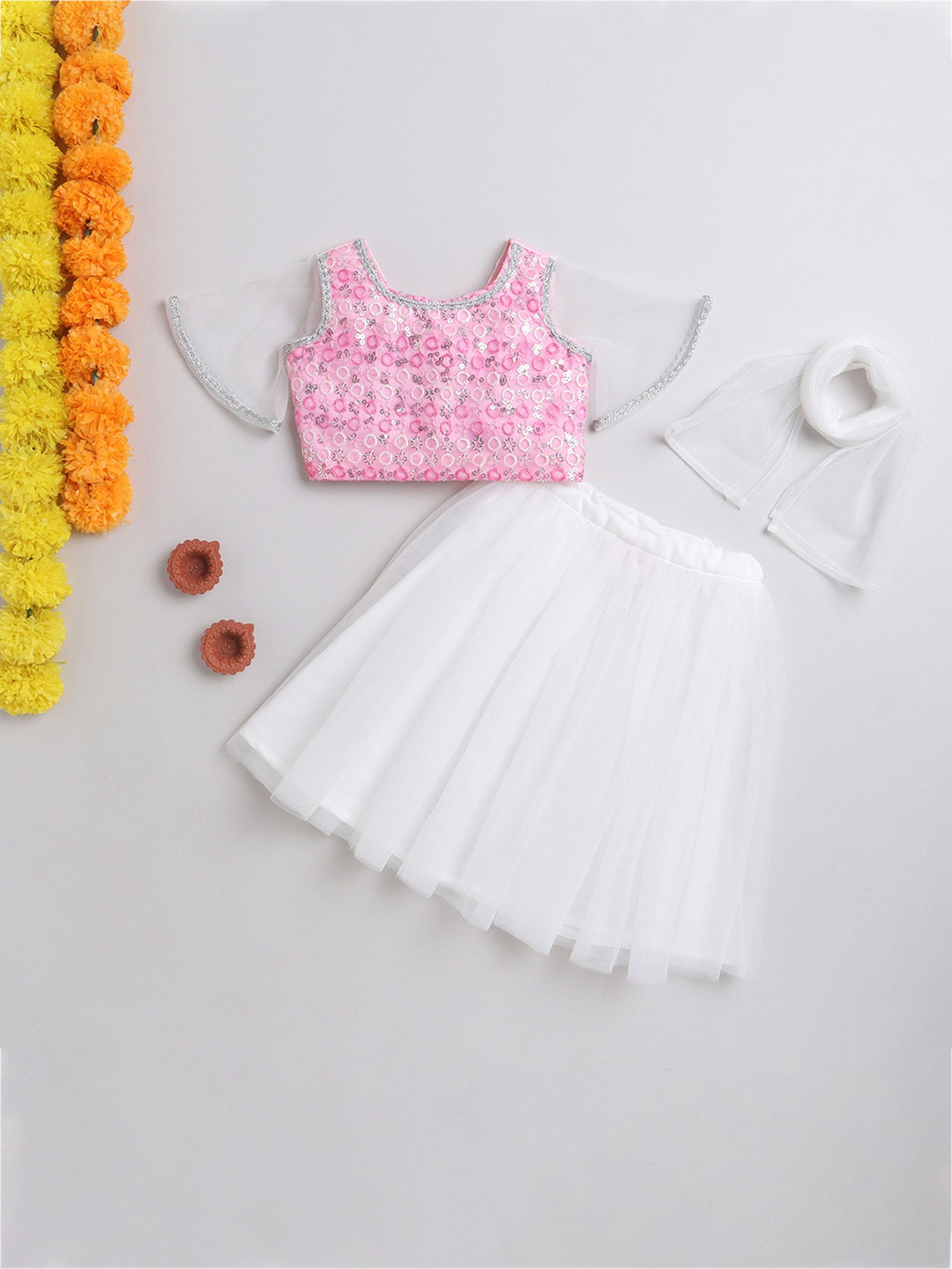 Many Frocks Kids Pink & White Embellished Lehenga, Choli with Dupatta