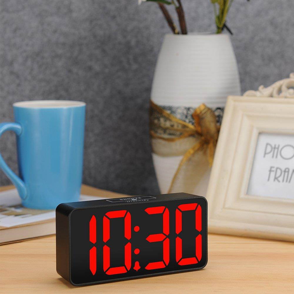 DreamSky Compact Digital Alarm Clock with USB Port for Charging, Adjustable Brightness Dimmer, Bold Digit Display, 12/24Hr, Snooze, Adjustable Alarm Volume, Small Desk Bedroom Bedside Clocks, Red