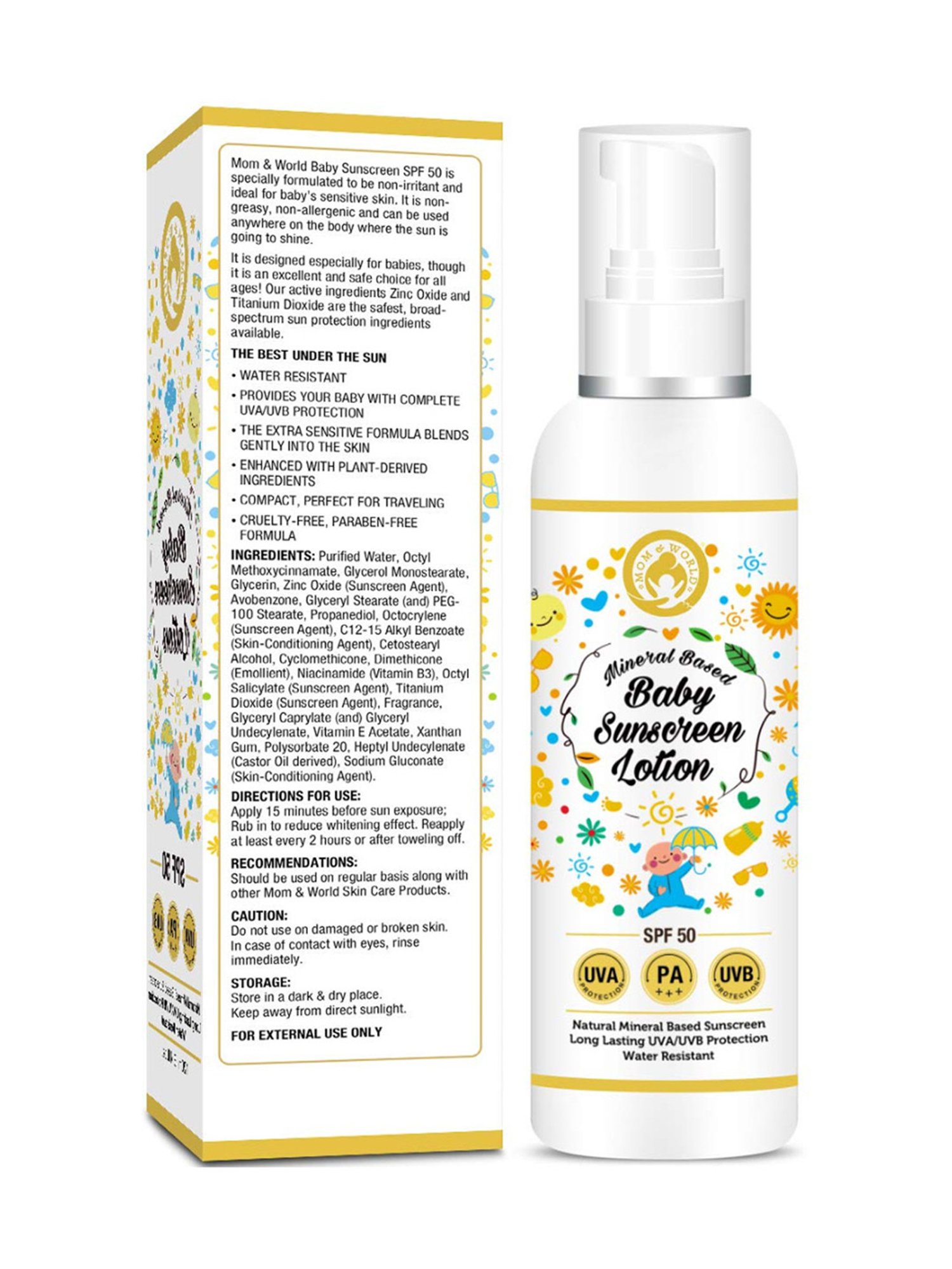 Mom & World Mineral Based Baby Sunscreen Lotion, SPF 50 PA+++ - 120 ml