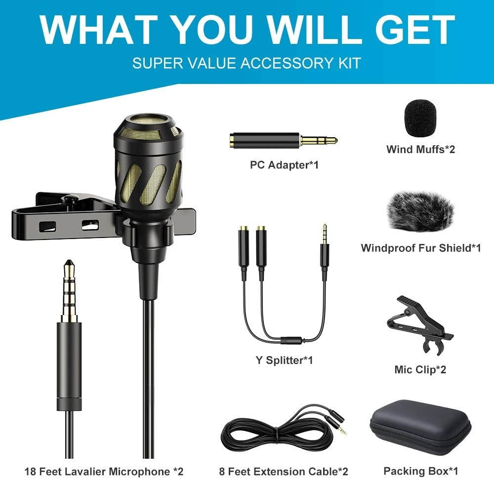 18 Feet Lavalier Microphone, 2 Pack Lapel Microphones for iPhone,Android, PC,Computer,Laptop,Camera,Professional Condenser mic for YouTube,Interview,Video,Include Various Accessories