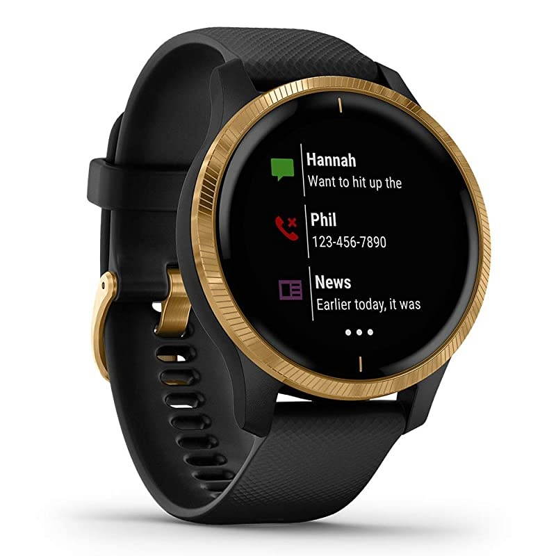 Garmin Venu (Black/Gold) Power Bundle | +HD Screen Protectors (x4) &  Portable Charger | AMOLED Display, Spotify | Fitness GPS Smartwatch