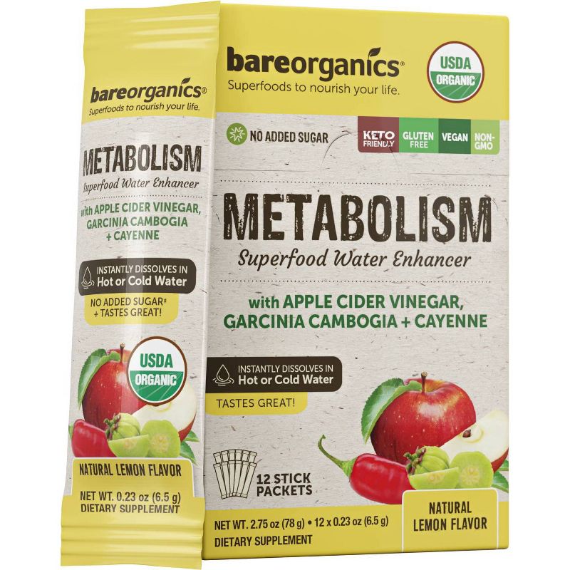 BareOrganics Superfood Water Enhancer Metabolism Blend Powder Packets - 12ct