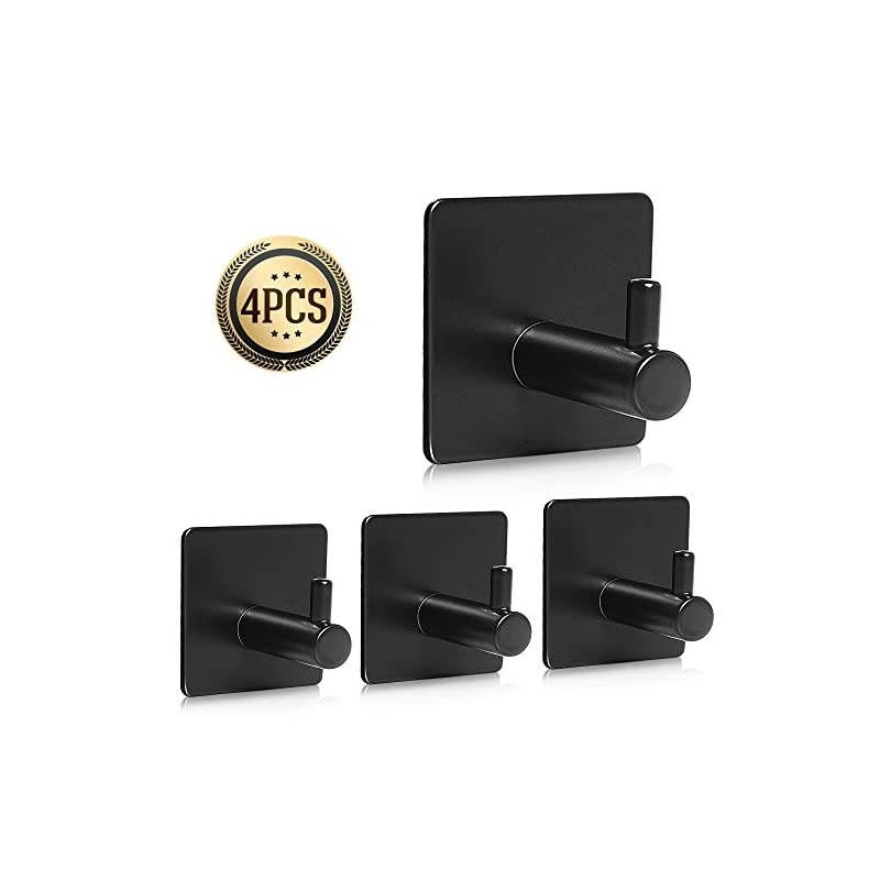 Adhesive Hooks,  [4 Pack] Heavy Duty Durable 304 Stainless Steel Wall Hangers, Waterproof Rustproof Oil Proof for Kitchen, Bathrooms, Doors, Office, Closet-Black
