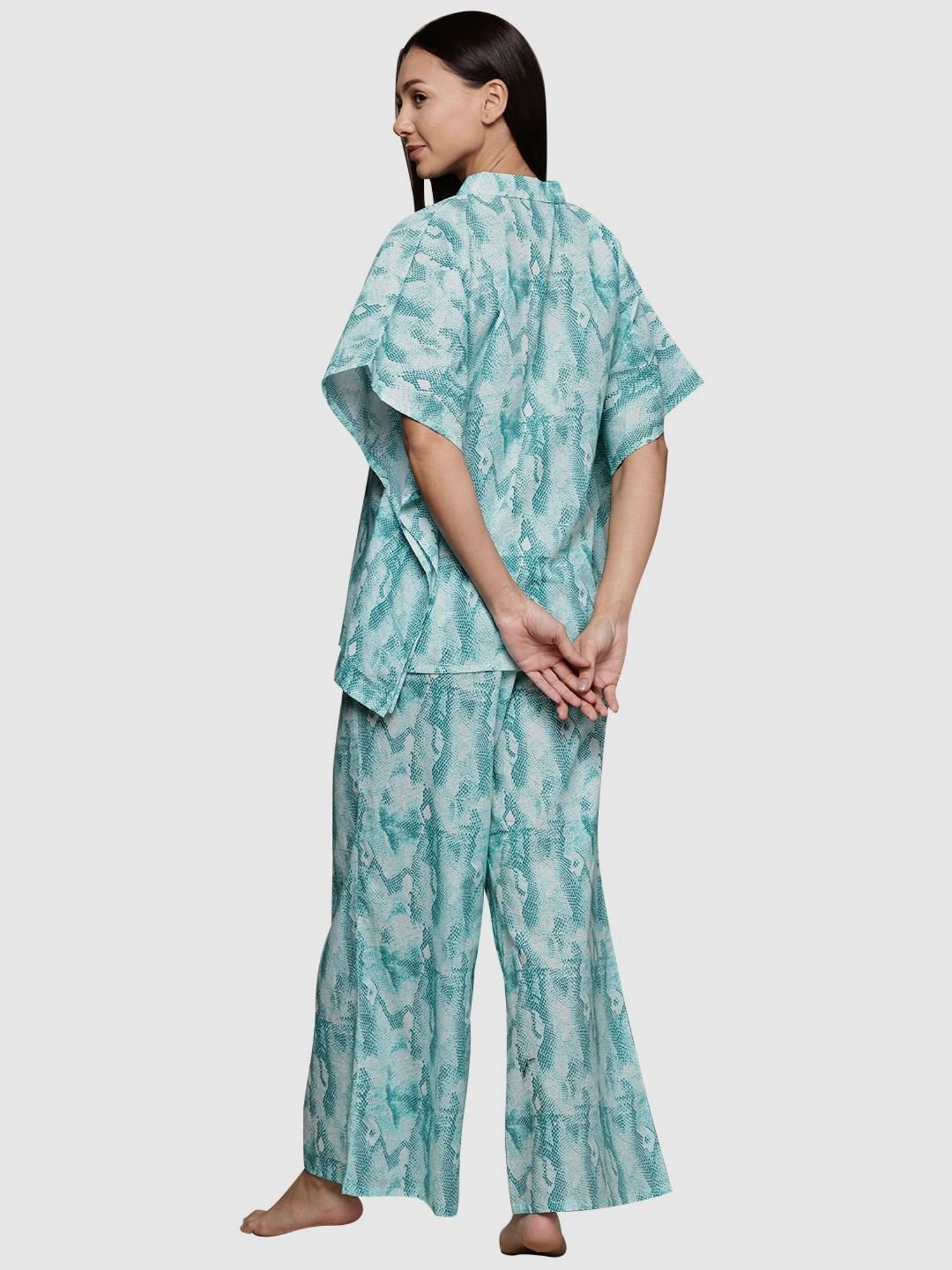Ziyaa Blue Cotton Printed Kaftan Pyjama Set
