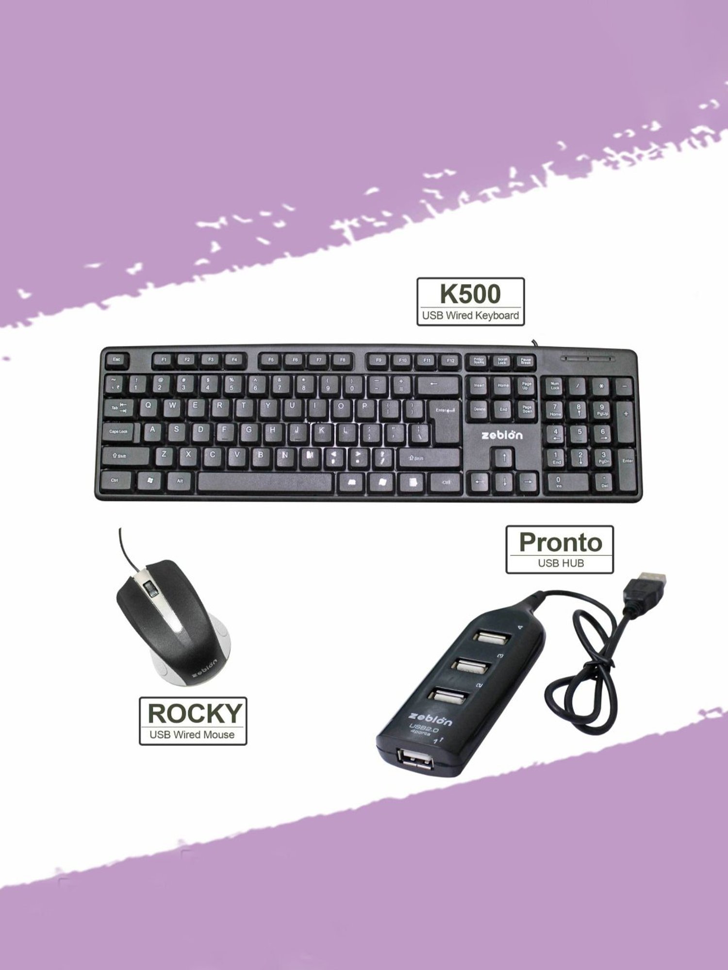 Zebion K500 Wired Keyboard, Rocky Wired Mouse Combo Set with Pronto 101 USB Hub (Black)