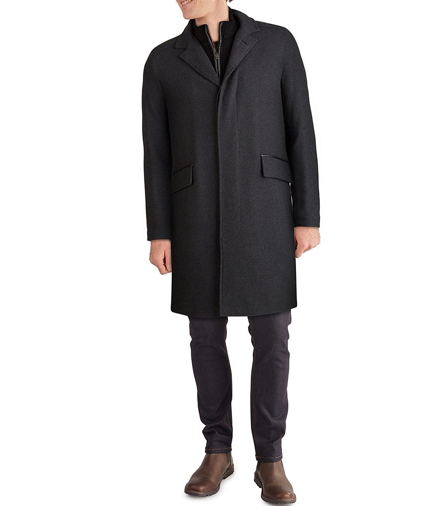 Cole Haan Faux Leather Trim Knit-Bib Wool/Twill Coat