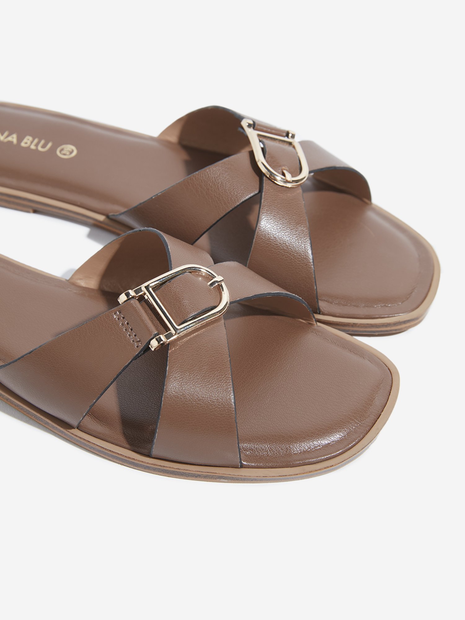 LUNA BLU by Westside Brown Cross Strap Buckle Slides