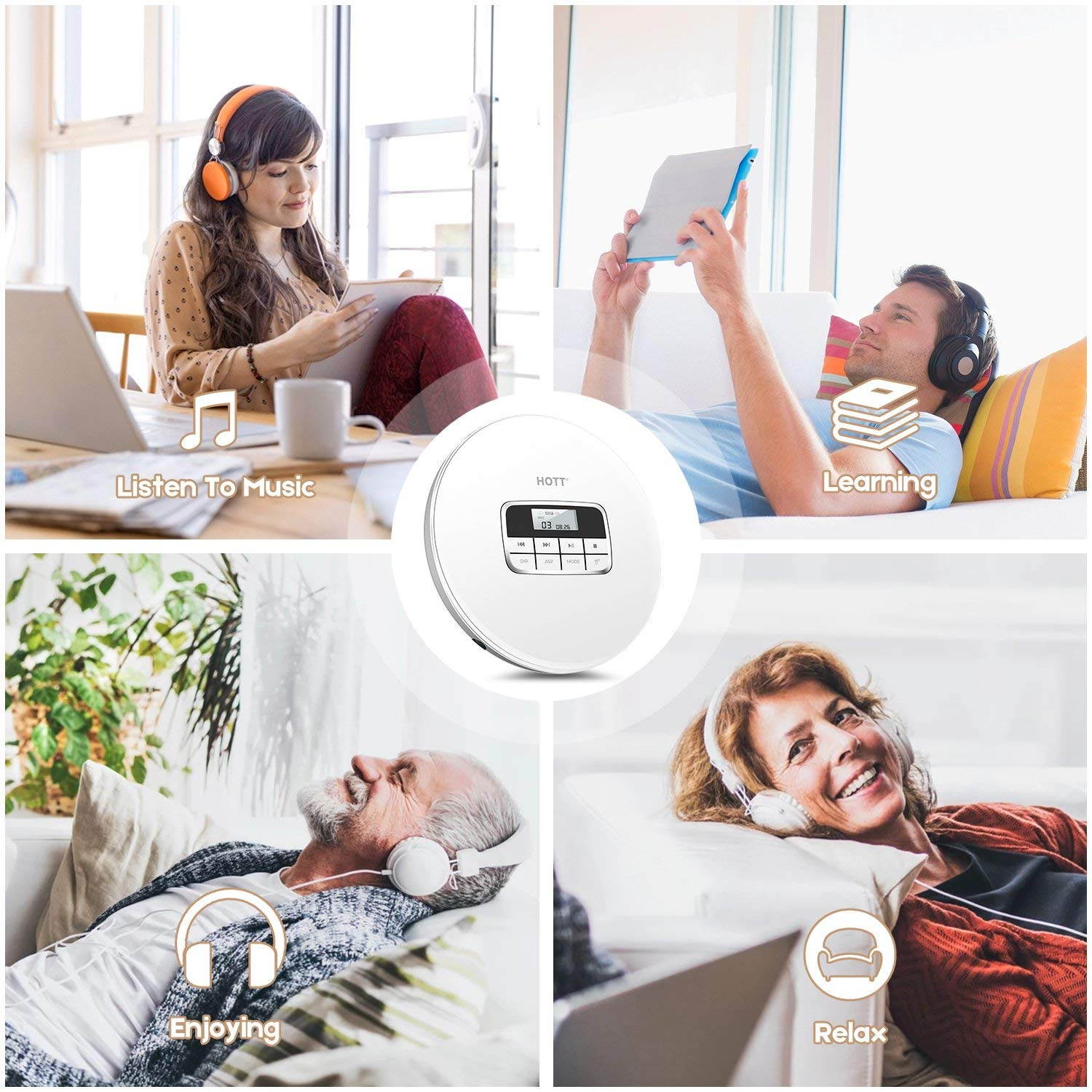 CD Player with Headphones, HOTT Personal CD Walkman Music Player with LCD Display, Skip Protection Shockproof Anti Scratch Function, Support CD, MP3 CD, CD-R, CD-RW Format - Black