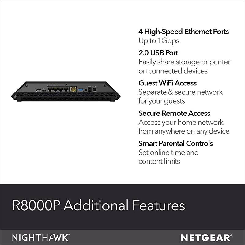 Nighthawk X6S Smart WiFi Router R8000P AC4000 TriBand Wireless Speed up to 4000 Mbps | Up to 3500 sq ft Coverage 55 Devices | 4 x 1G Ethernet and 2 USB Ports
