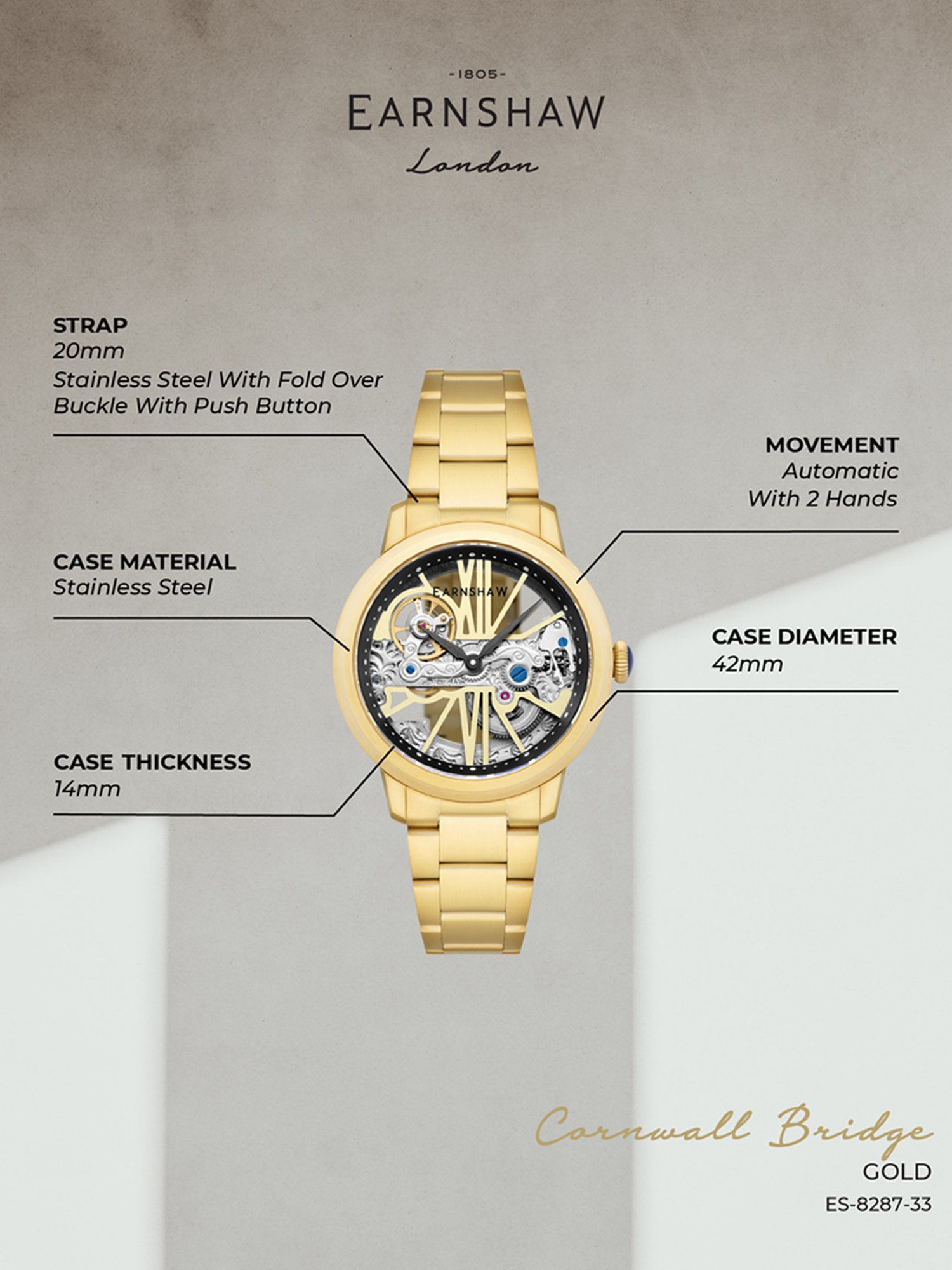 EARNSHAW ES-8287-33 Cornwall Bridge Automatic Analog Watch for Men