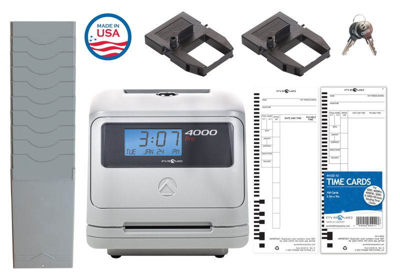 Pyramid Time Systems 4000PROK Pro Auto Totaling Time Clock Bundle with 125 Time Cards, 1 extra Ribbon, 1 Time Card Rack, 2 Keys, Handles up to 50 Employees, Accurate & Error Free Payroll Time Tracking