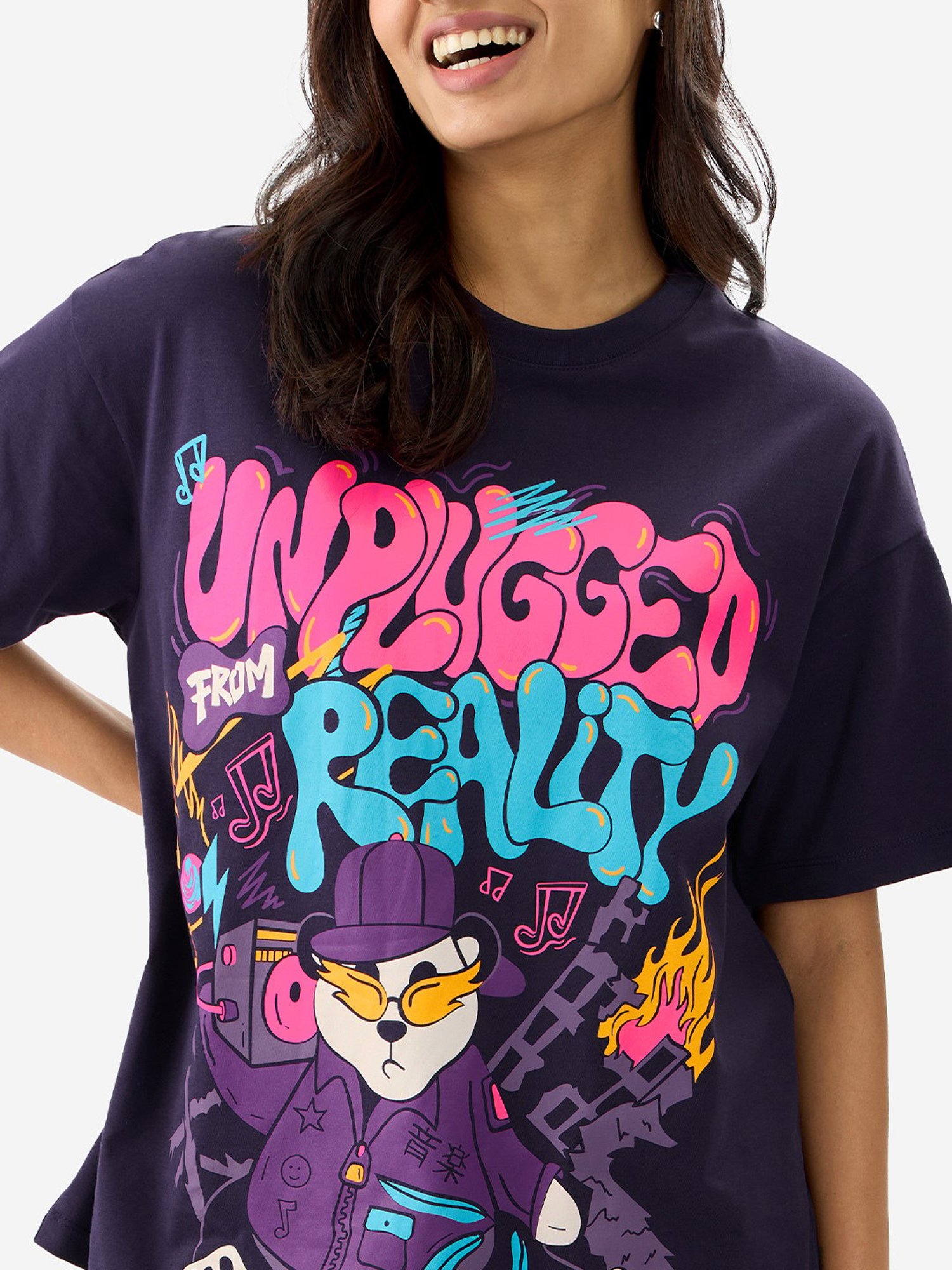 The Souled Store Purple & Navy Cotton Graphic Print Oversized T-Shirt