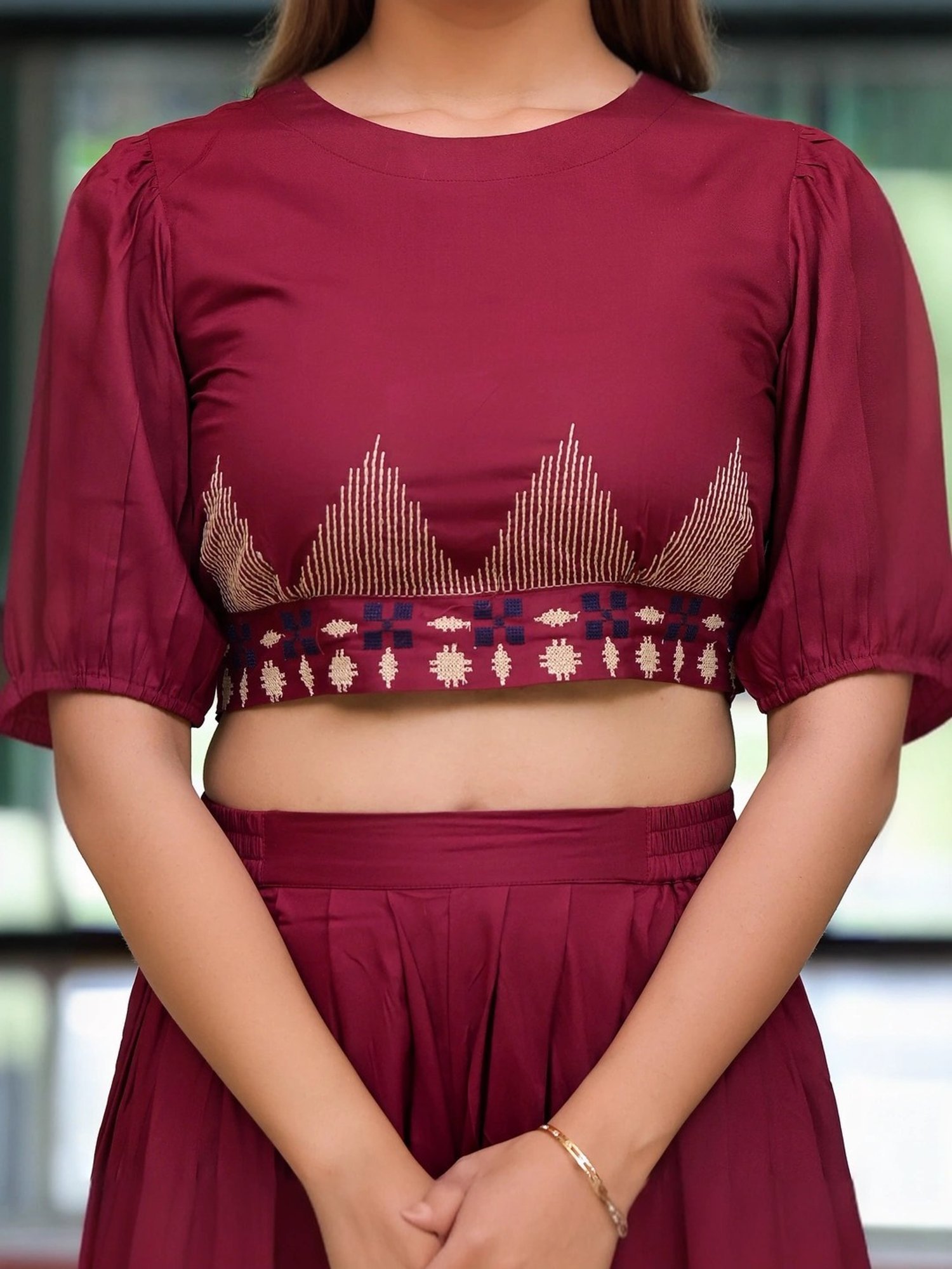 Juniper Maroon Embroidered Crop Top Dhoti Pant Set