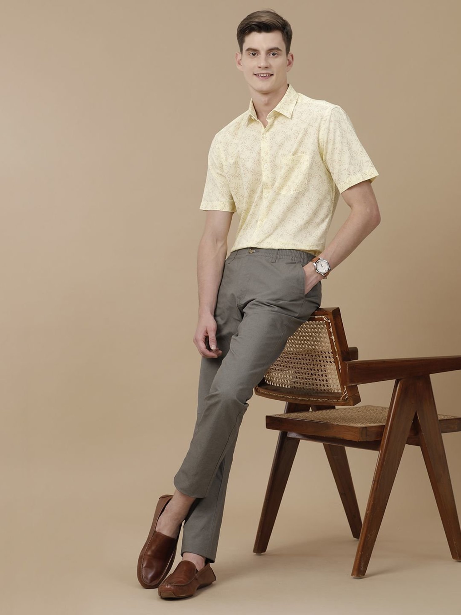 Cavallo By Linen Club Yellow Linen Contemporary Fit Printed Shirt