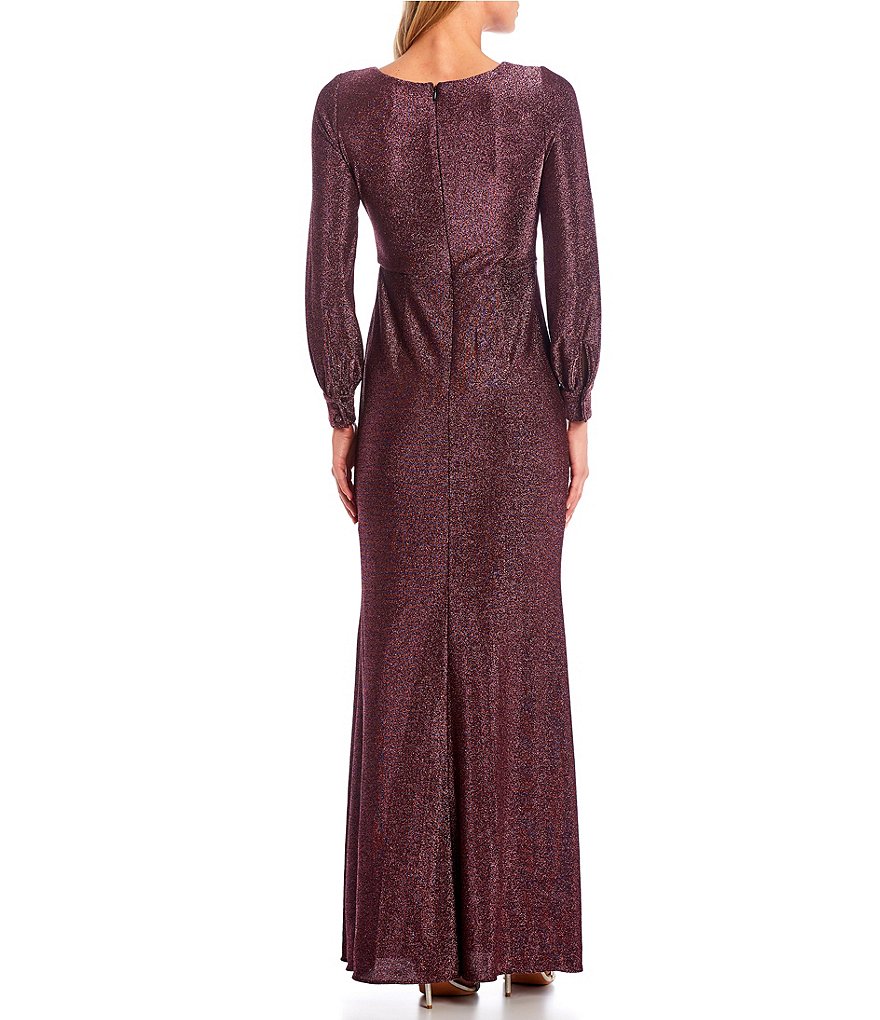 Adrianna Papell Metallic Knit Faux Wrap Surplice V-Neck Long Sleeve Ruffle Gown