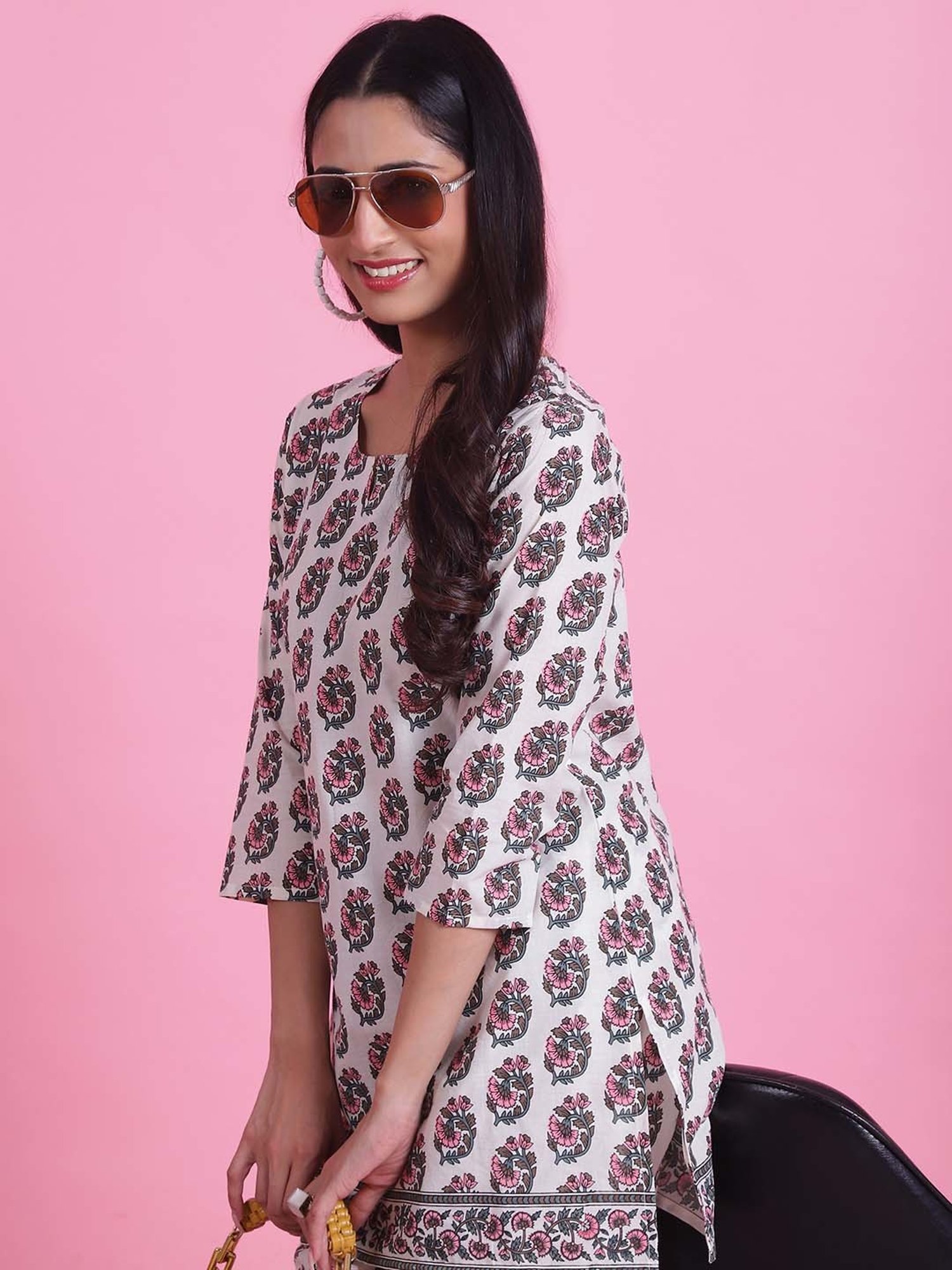 Prakrti White Cotton Floral Print Top Pant Set