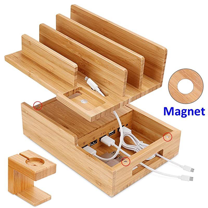 Charging Station OrganizerFast Charging Station for Multiple Device 5Port USB Bamboo Wood Charging DockUniversal Apple Watch Phone Pad and Android Like Samsung Cell Phones amp Tablets