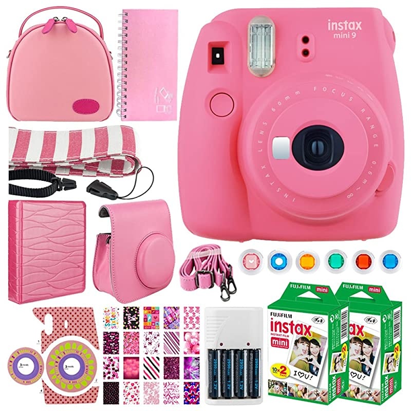 instax Mini 9 Instant Film Camera Flamingo Pink +  Instax Mini Twin Pack Instant 40 Shots + Case + Scrapbook Album + Colored Filters + Camera Sticker + Neck Strap Accessory Kit