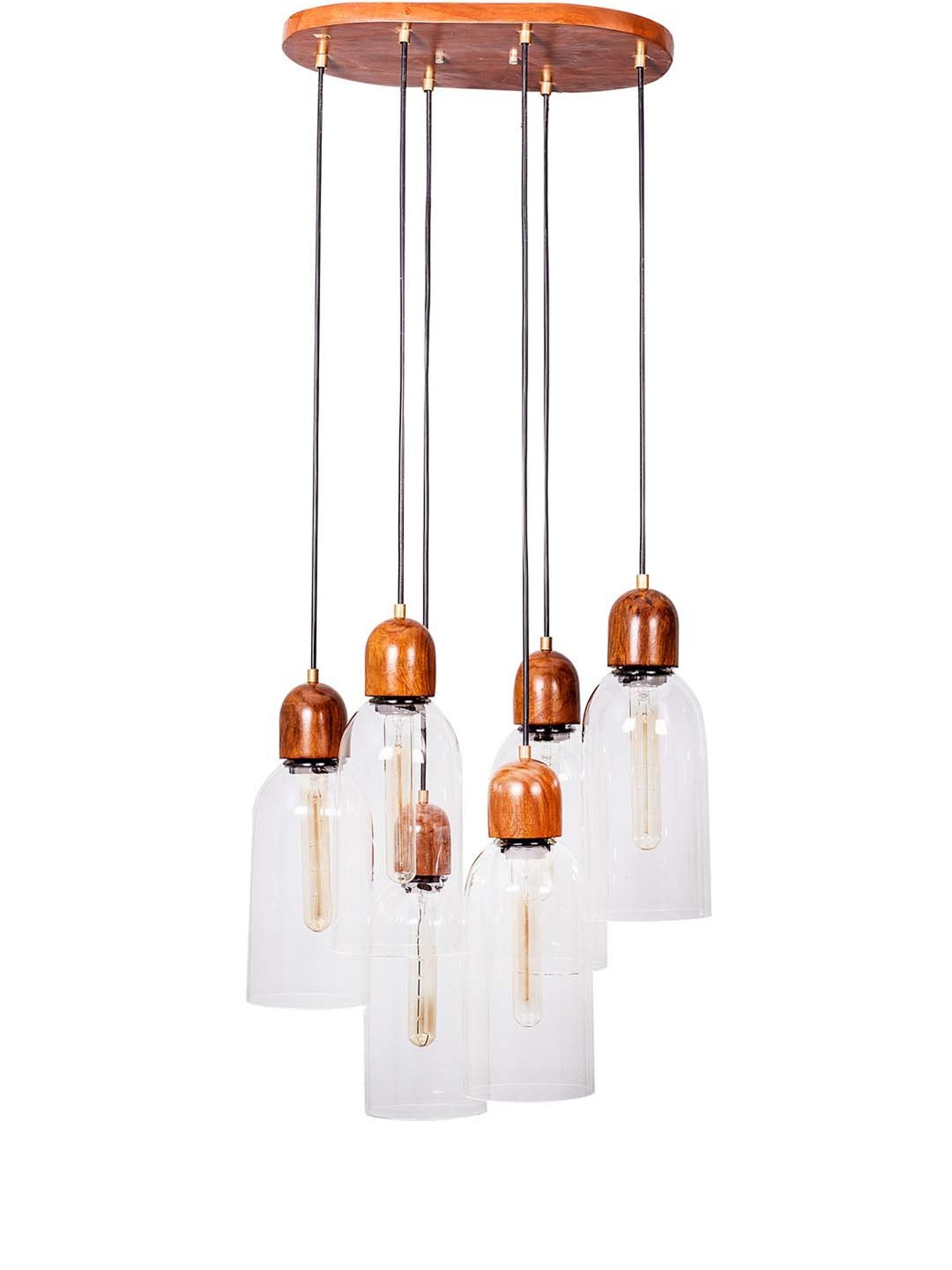 Fos Lighting Brown Modern Clear Glass & Wood 6 Light Pendant Light - Set of 1