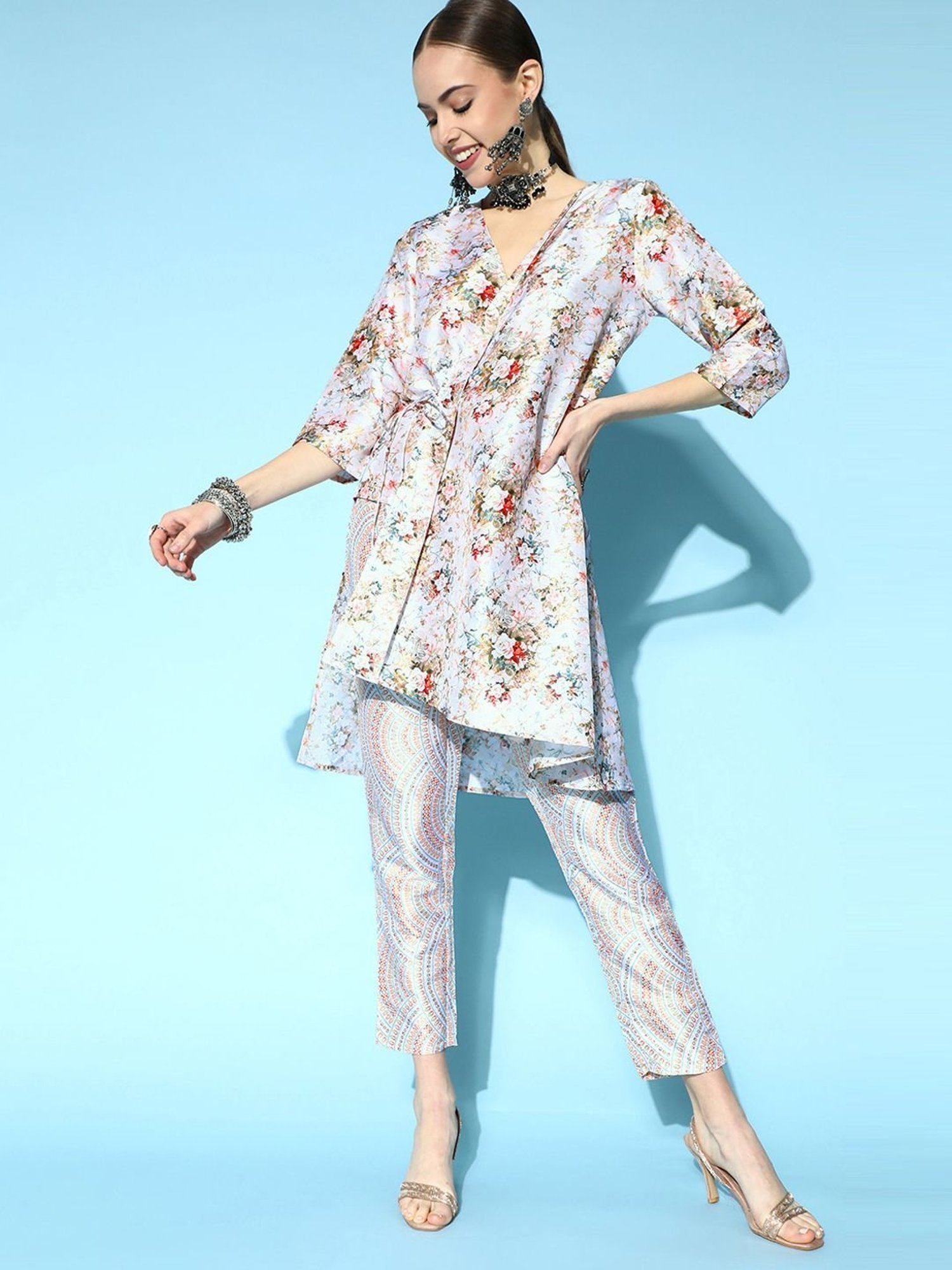 Ziyaa Blue Floral Print Kurti Pant Set