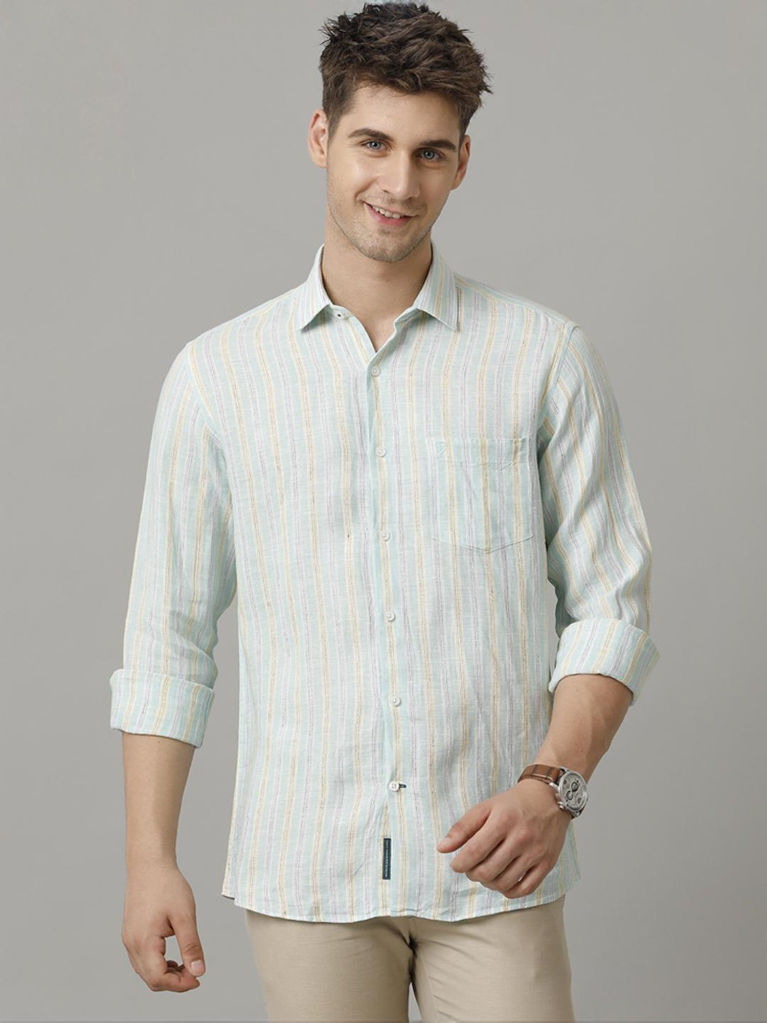 Linen Club Green Linen Contemporary Fit Striped Shirt