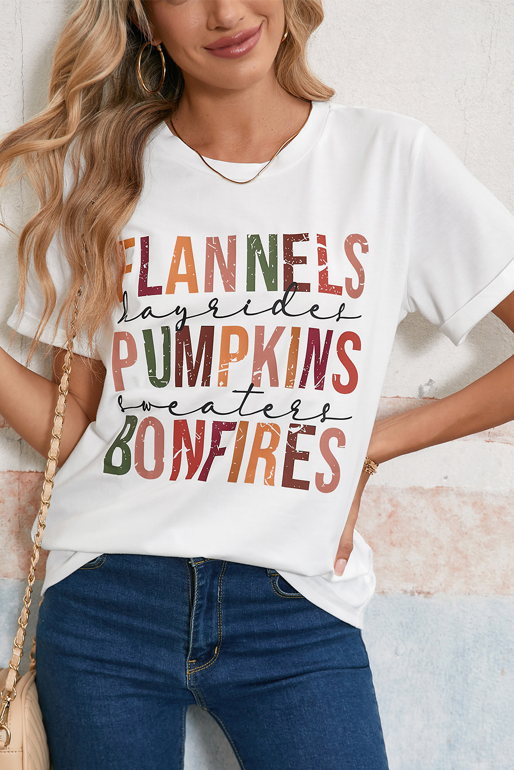 White FLANNELS PUMPKINS BONFIRES Crewneck Graphic Tee