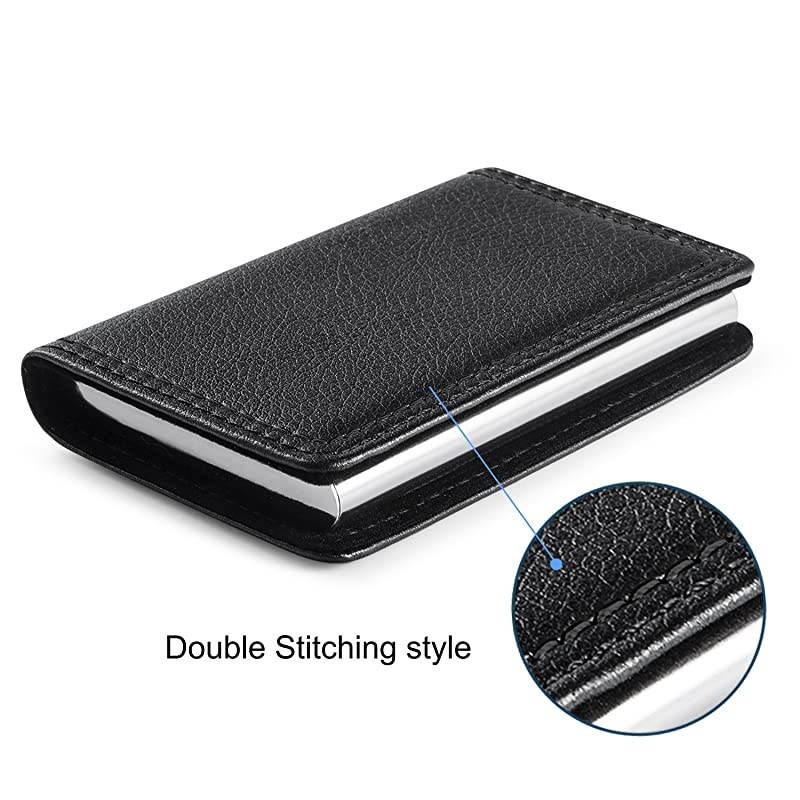 Business Card Holder  PU Leather amp Metal Name Card Holder Wallet Case with Magnetic Closure for Men and Women BlackBlack Thread