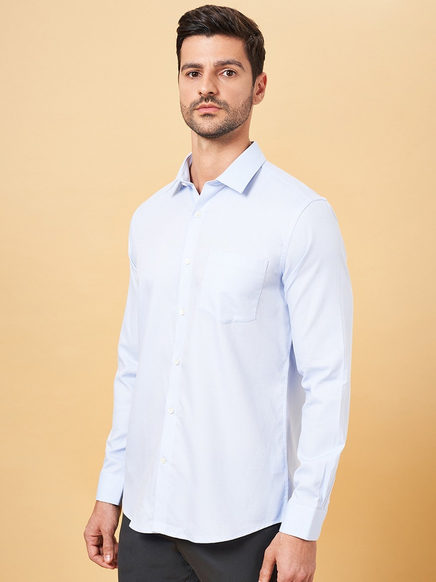 Peregrine by Pantaloons Whispering Blue Cotton Slim Fit Texture Shirt