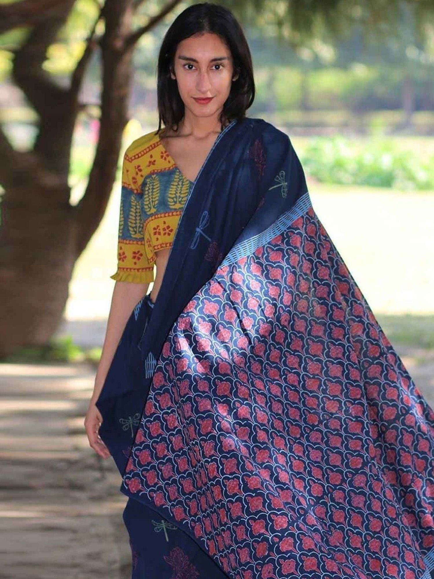 Chidiyaa Blue Block Printed Cotton Mul Saree
