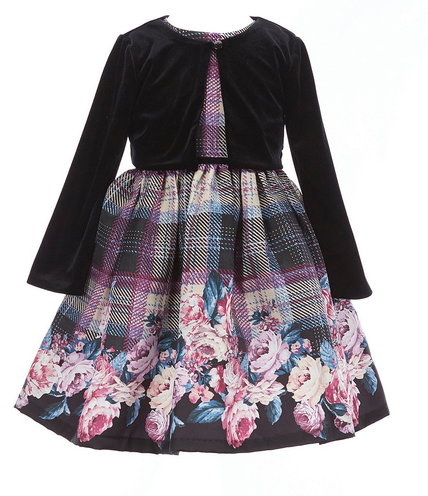 Laura Ashley Little Girls 2T-6X Velvet Bolero & Plaid/Floral Fit-And-Flare Dress Set