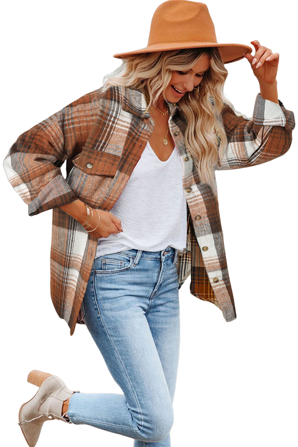 Brown Plaid Button Up Long Sleeve Flannel Shacket