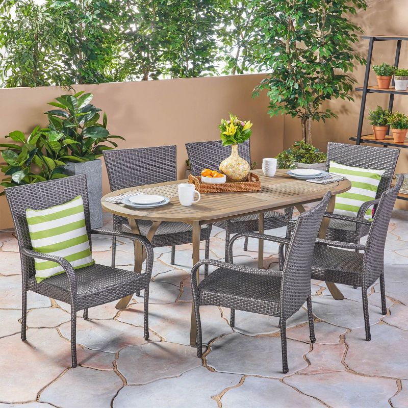 Jasper 7pc Acacia & Wicker Dining Set - Gray/Gray - Christopher Knight Home