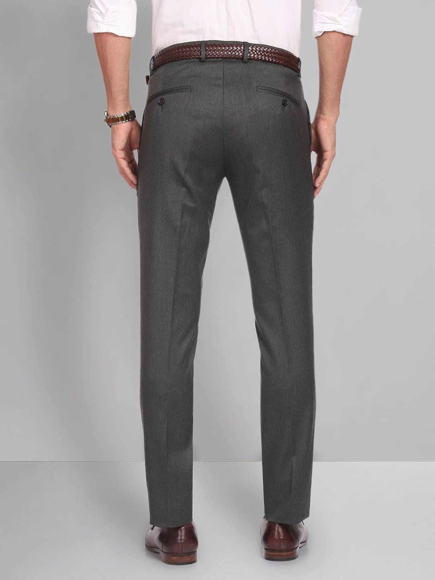 AD by Arvind Grey Slim Fit Flat Front Trousers