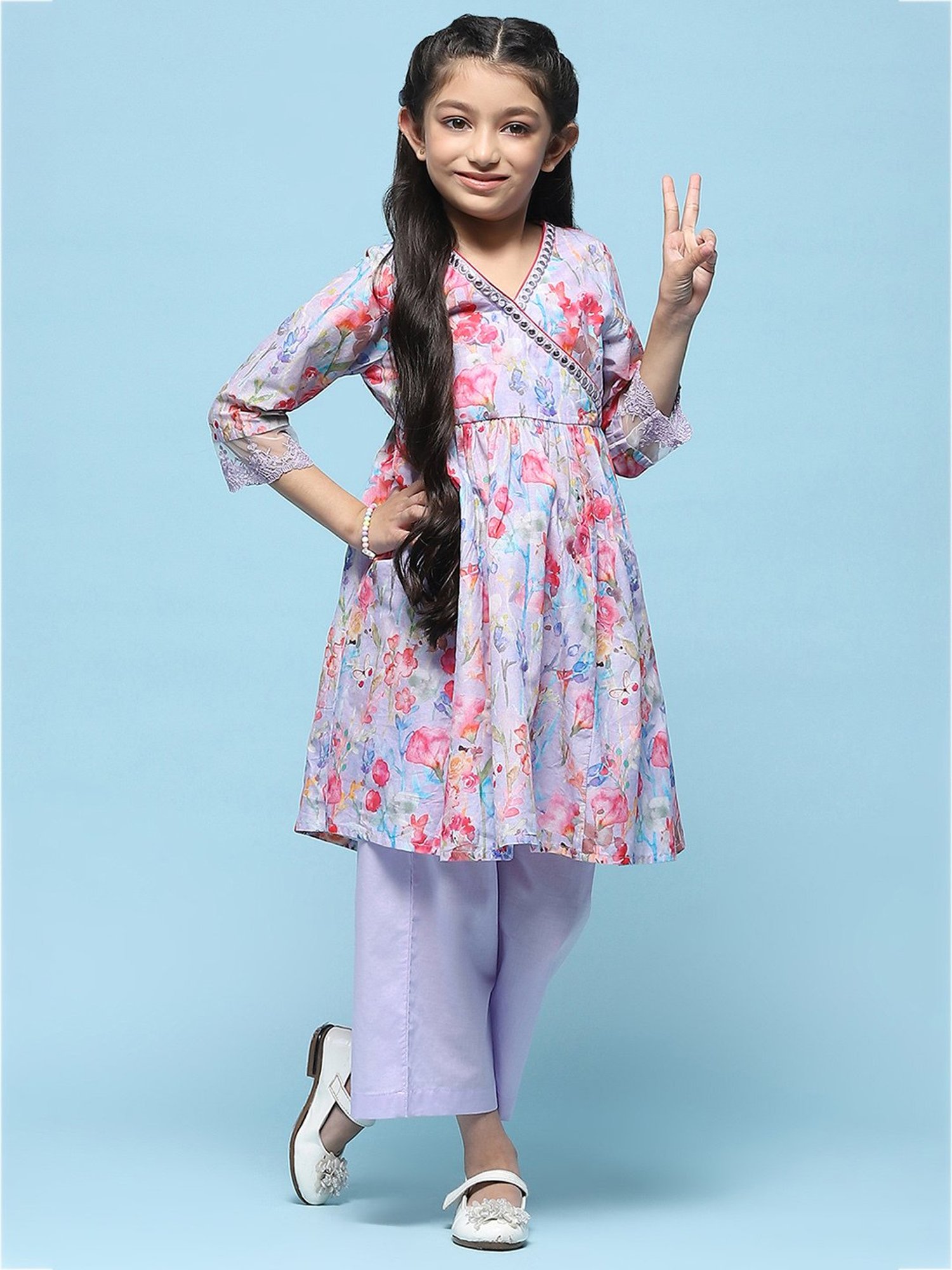 BIBA Girls Purple Floral Print Kurta with Pants