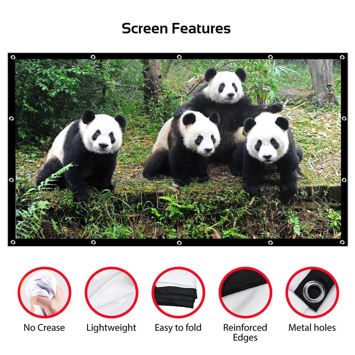 120 Inch 16:9 HD Projector Screen, P-JING Portable Widescreen Foldable Anti-Crease Indoor Outdoor Projector Movies Screen for Home Theater Support Double Sided Projection