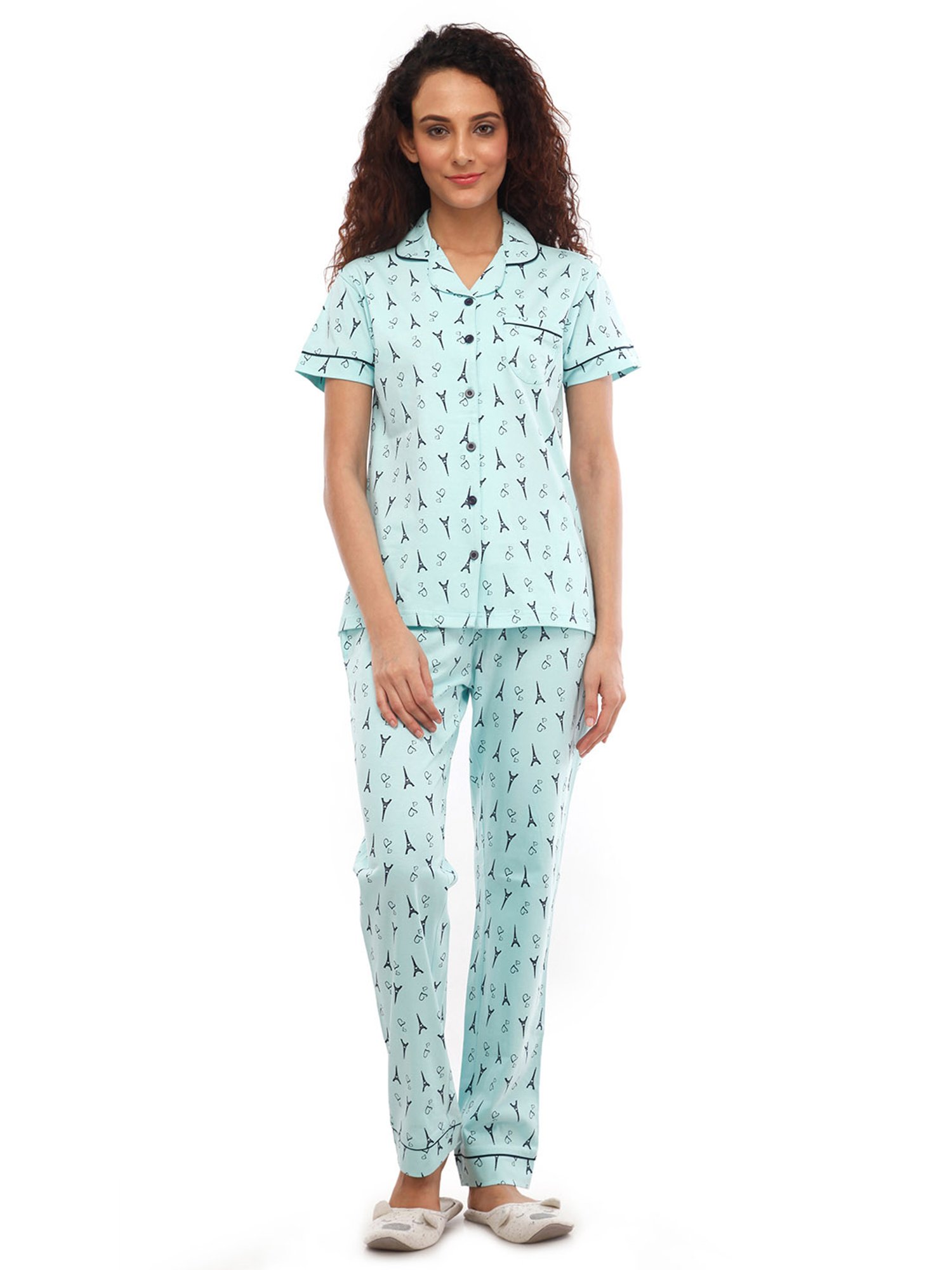 Nite Flite Blue & Black Printed Shirt With Pyjamas
