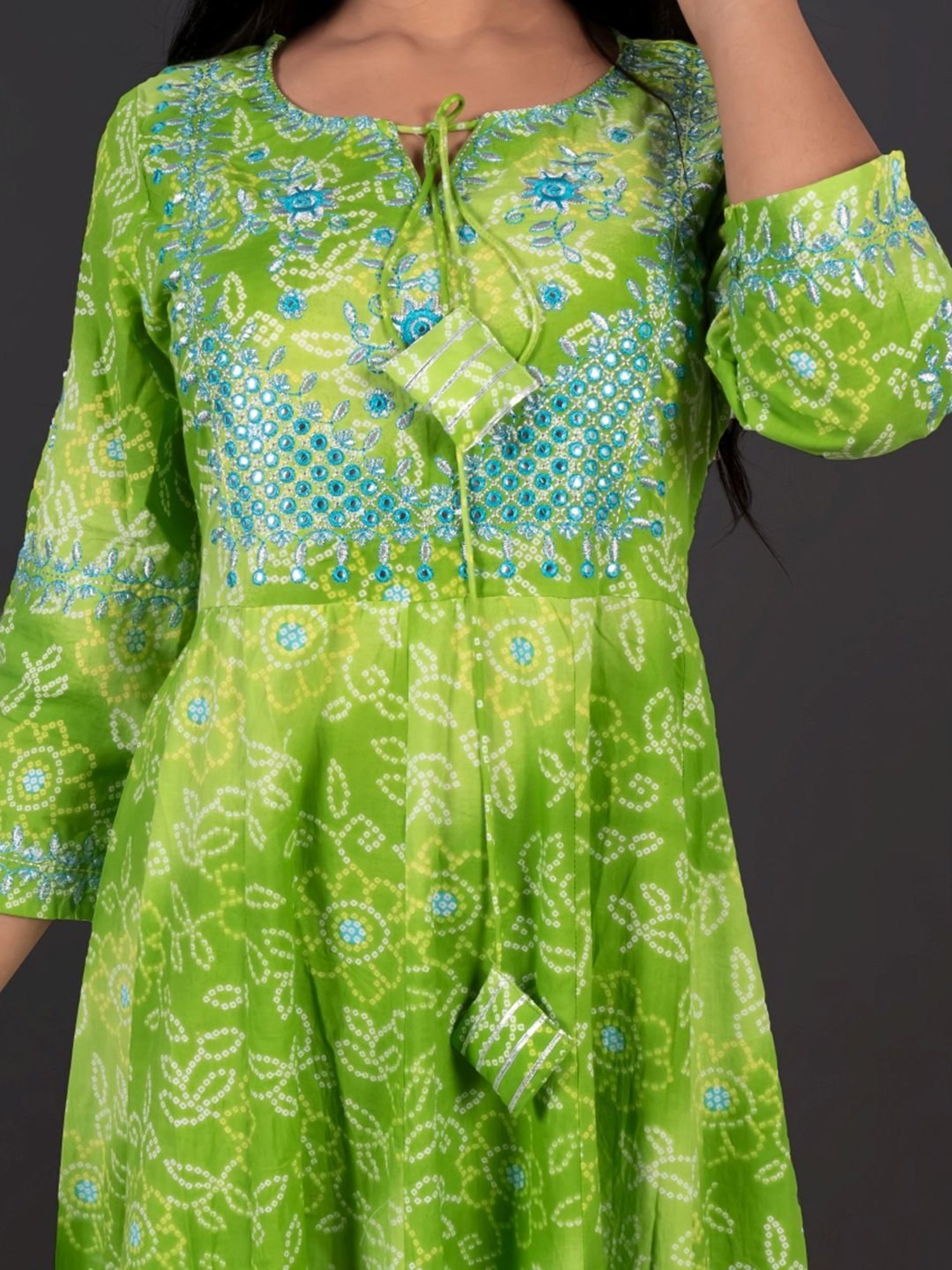 Zolo Label Green Cotton Embroidery Maxi Dress With Dupatta
