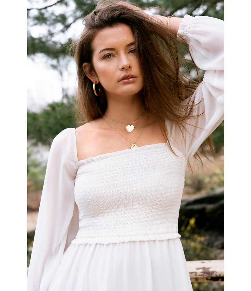 1. STATE Smocked Waist Ruffle Hem Square Neck Long Sheer Sleeve A-Line Dress