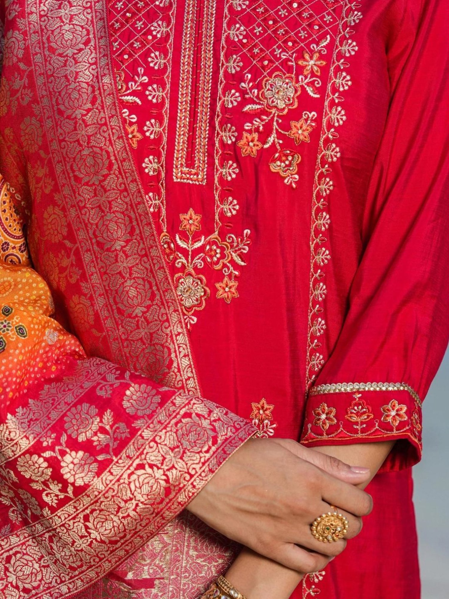 Scakhi Red Viscose Silk Embroidered Suit Set Kurta With Pant And Jacquard Dupatta