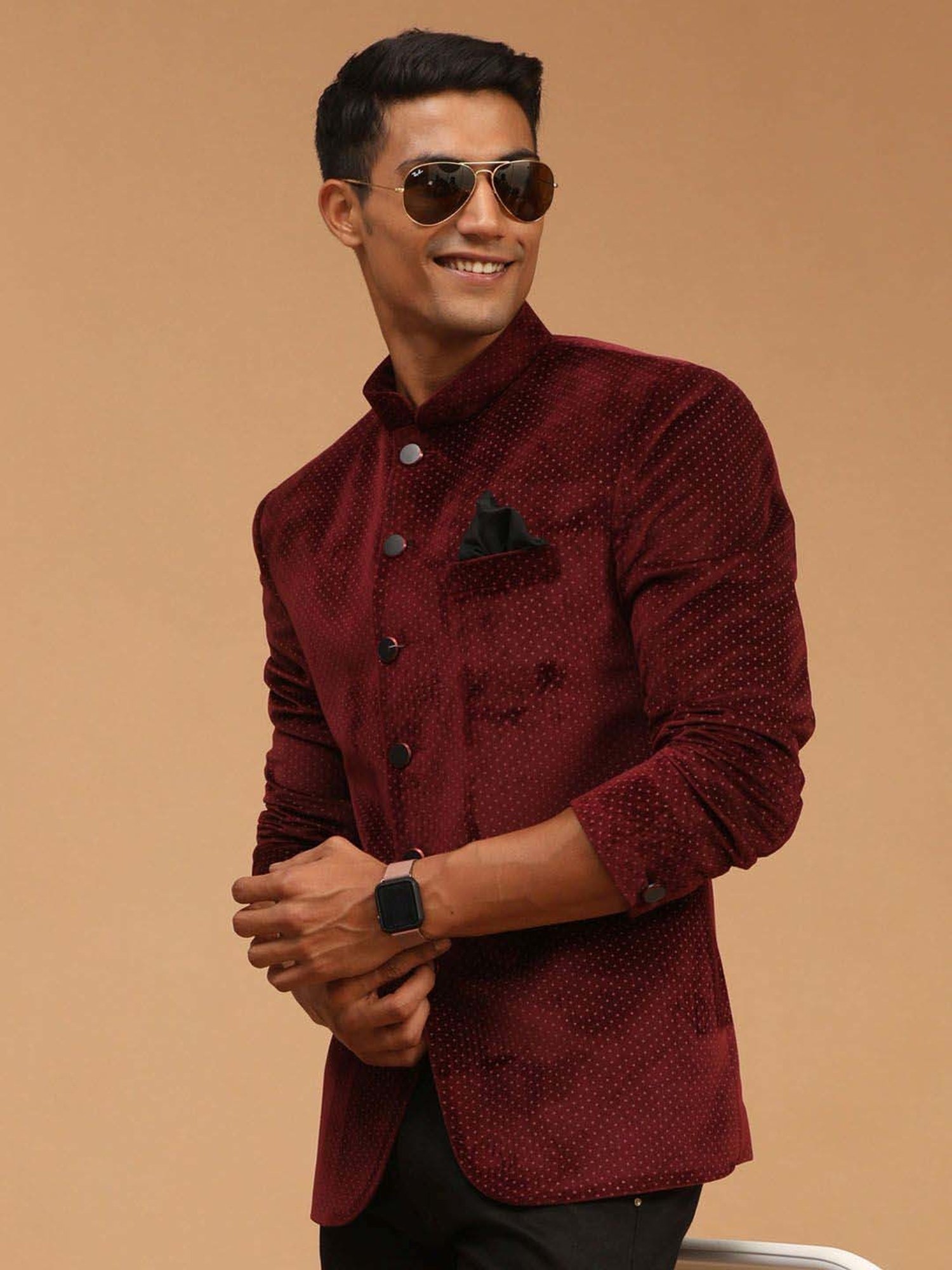 Vastramay Maroon Regular Fit Printed Ethnic Blazer